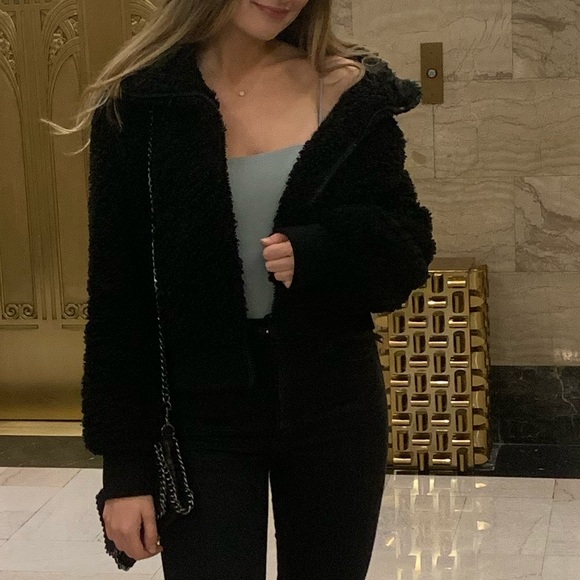 cropped black teddy jacket